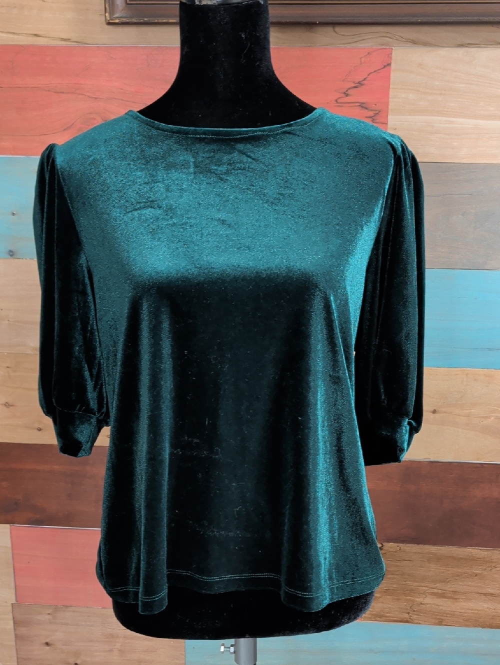 Draper James Emerald Green Velvet Puff-Sleeve Top